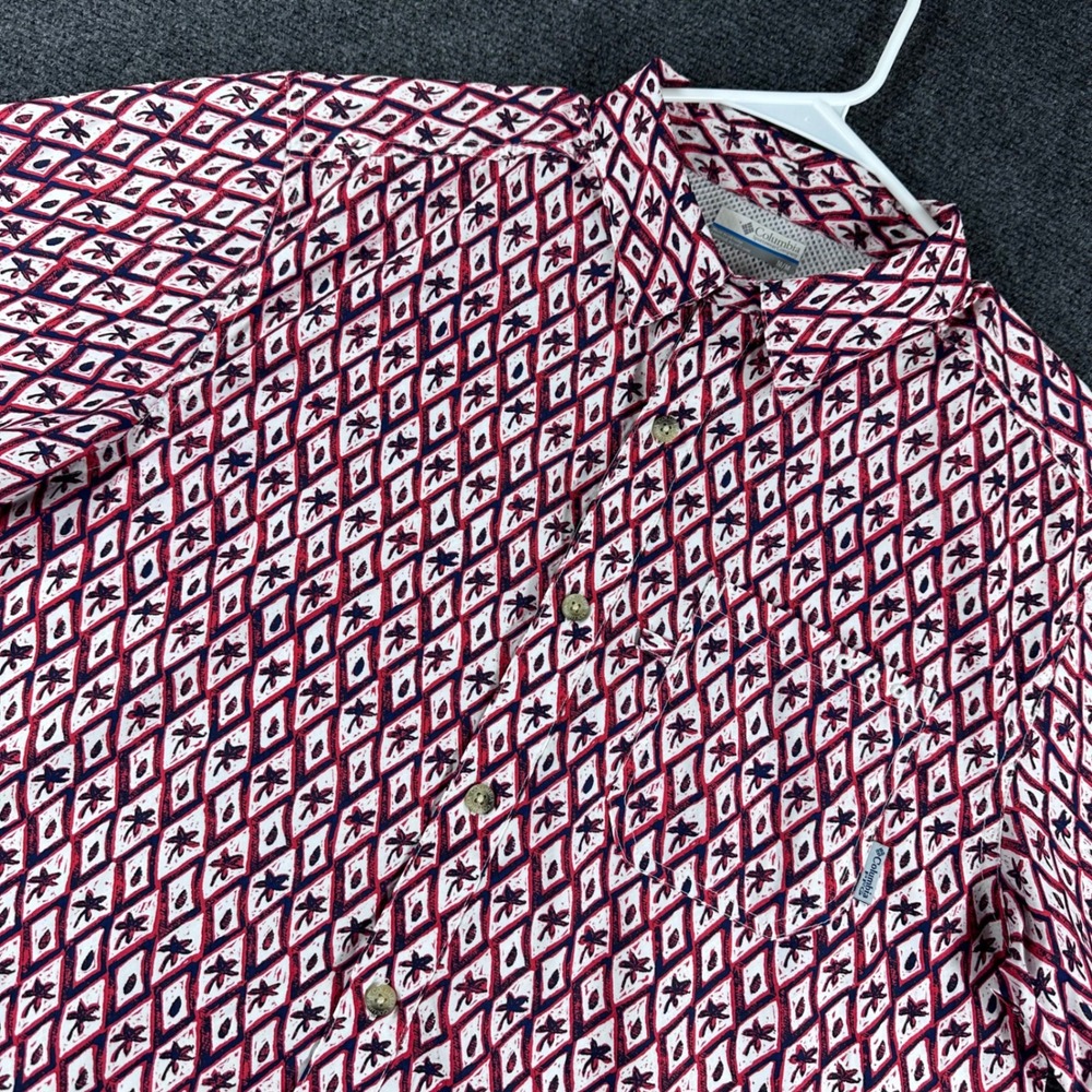 Columbia PFG Fishing Shirt‎ Mens M Medium Red Blue Palm Tree Print Omni-Shade